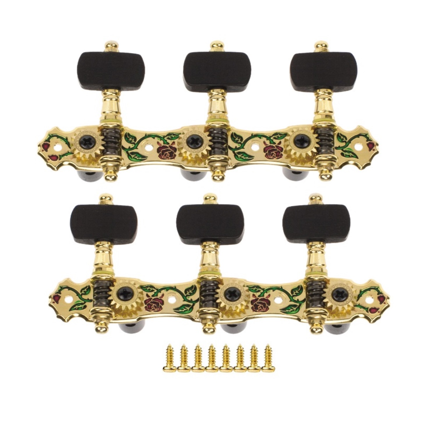 aos-028cwp-front-75f7c6f2-6d93-4278-ad0c-7370ed253aff Clavijero Alice AOS-028CWP en Zinc chapado en Oro con detalles decorativos y clavijas de ébano, presentado con seis tornillos dorados.