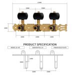 Especificaciones del Clavijero Alice AO-020V3P, incluyendo las medidas y el acabado dorado con relación de engranajes de 1:14