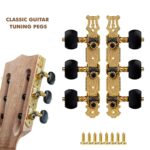 Clavijero Alice AO-020V3P instalado en una guitarra clásica, mostrando la vista lateral del clavijero y los botones de afinación negros con detalles dorados.