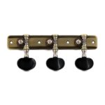 Clavijero negro envejecido para guitarra clásica con perillas negras, detalle de engranajes.