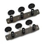 Clavijero negro envejecido para guitarra clásica, vista trasera de las perillas y engranajes.