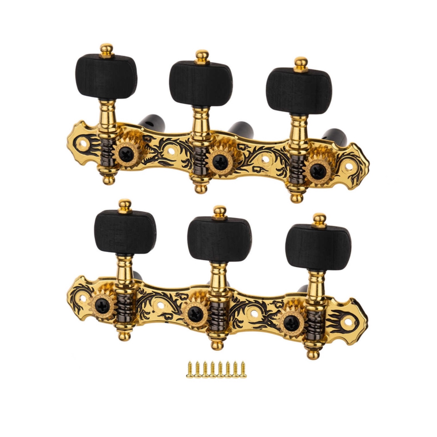 aos-028bdp-front-57987497-30a3-4ef6-a432-fcad56cead00 Clavijero Alice AOS-028BDP Zinc Chapado Oro, Clavija Ébano, vista frontal con detalles decorativos y tornillos incluidos