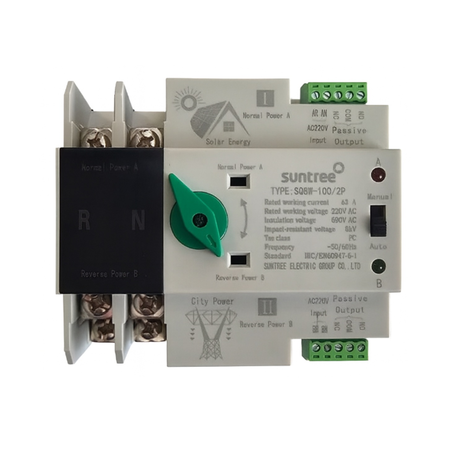 SQ8W1002PV-11 ATS Interruptor Transferencia Automática SQ8W 63A Riel DIN Solar-Red Suntree - Imagen 1
