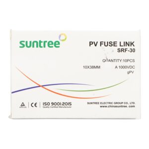 Caja del fusible Suntree SRF-30, mostrando especificaciones y certificaciones del producto.