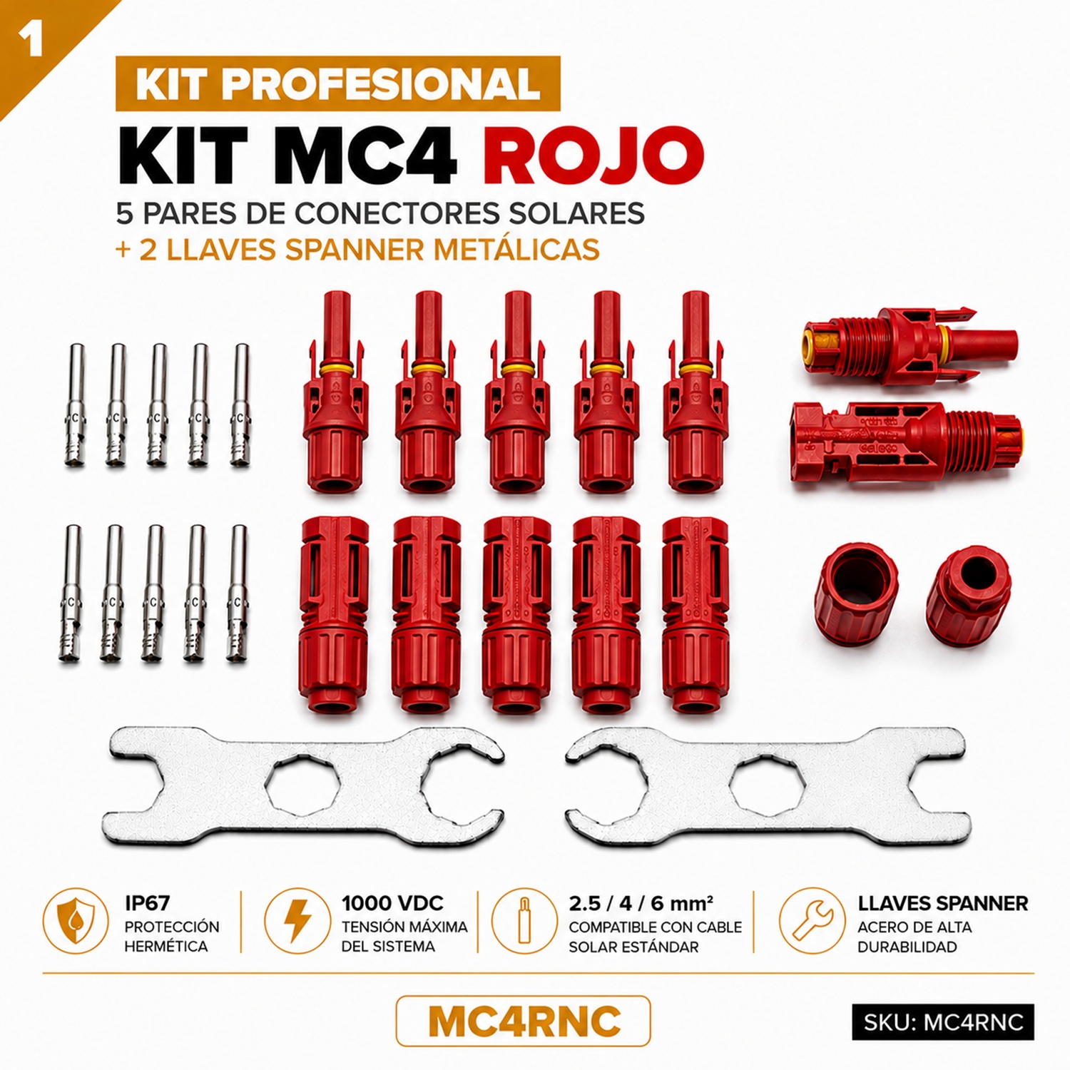Foto 1 MC4RNC Kit Profesional 5 Pares MC4 Rojos + 2 Llaves Spanner Metálicas - Imagen 1